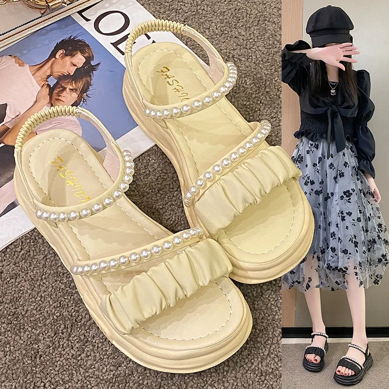 

Thick soled sandals with feminine fairy style 2025 summer new elastic band student flat Roman shoes
