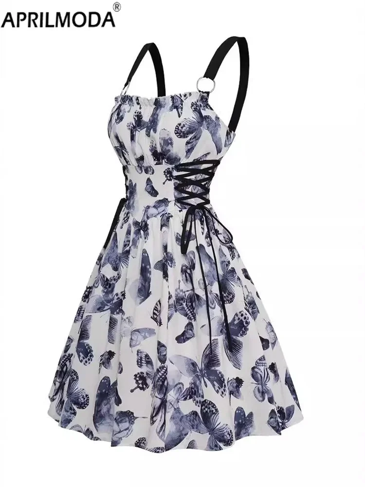 Elegant Butterfly Print Sling Sexy Vintage Casual Dress Lace Up Side Sleeveless A Line Swing Steampunk Gothic Flare 50s Dresses