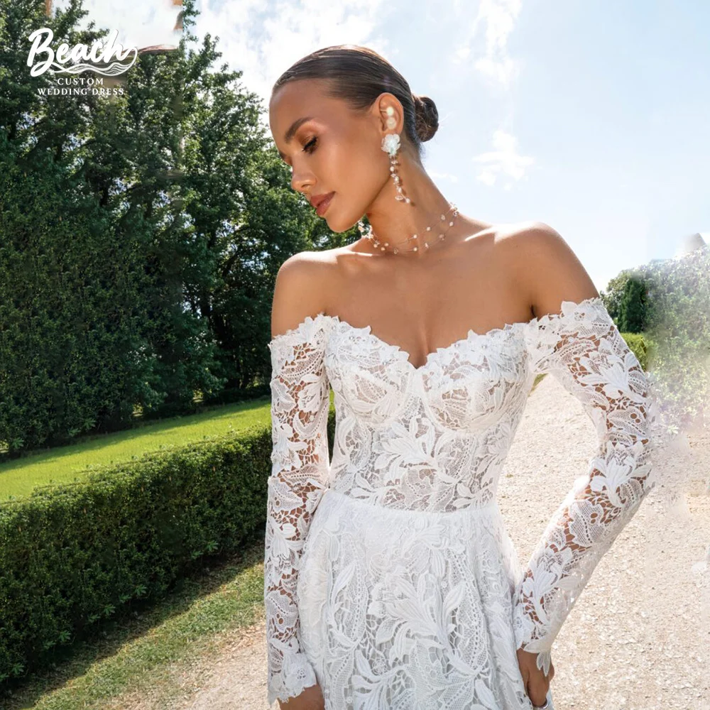 Strand op maat gemaakte off-shoulder lange mouw kant een lijn lieverd trouwjurk open rug bruidsjurk elegante vestidos de novia