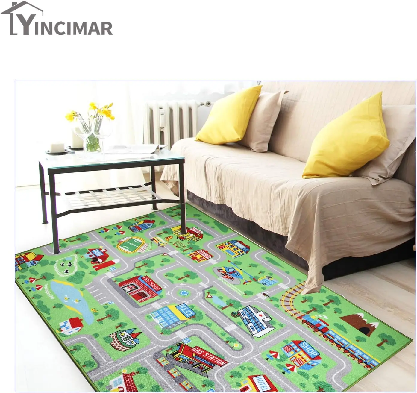 City Life Educational Large Area Rug Soft Washable Printed Floor Playmat for Playroom Bedroom Indoor Home Decor