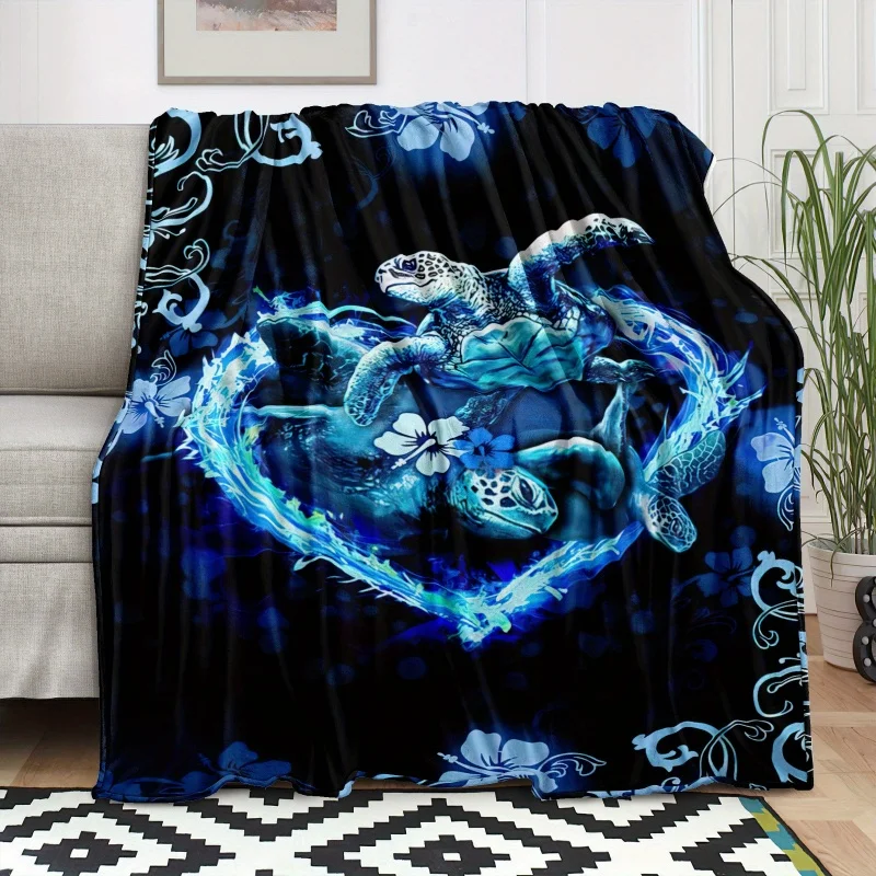 Newest Blanket Blue Sea Turtle Heart Hibiscus Print Flannel Blanket Ocean Theme Soft Warm Sofa Bed Throw Blanket