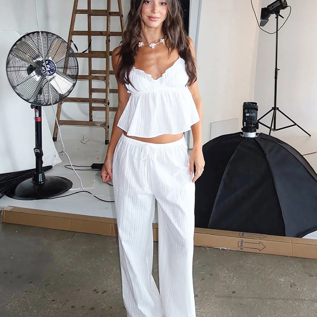100% Cotton Women's Pajama Set White Striped Ruffled Camisole Crop Top Drawstring Wide Leg Long Pants 2 Piece Casual Sleepwear H