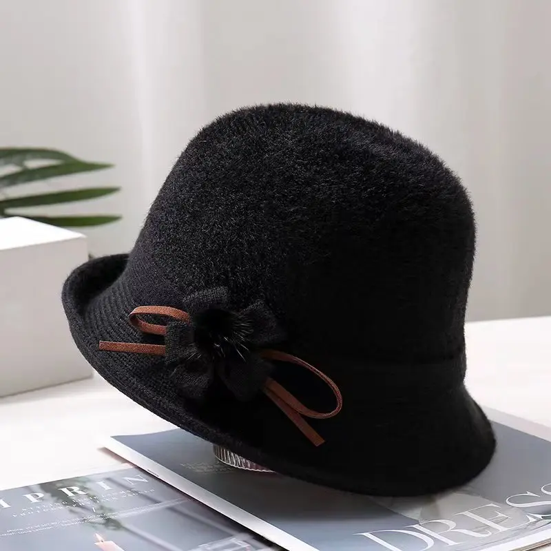 Hat Women\'S Fall And Winter Splicing Mink Velvet Basin Hat Mother Elegant Bowler Hat Fashion Flower Hairball Fisherman Hat