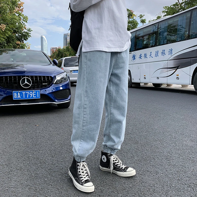 Men Jeans Bundle Feet Drawstring Korean Style Baggy Denim Retro Trousers Trendy All-match Hip Hop Harajuku Vintage Leisure Chic