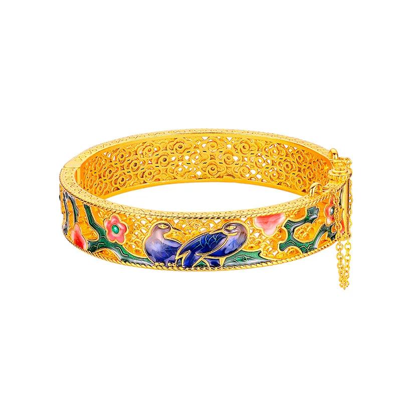 9999 real gold 24K yellow gold Women\'s Palace Retro Filigold Enamel Magpie Bracelet