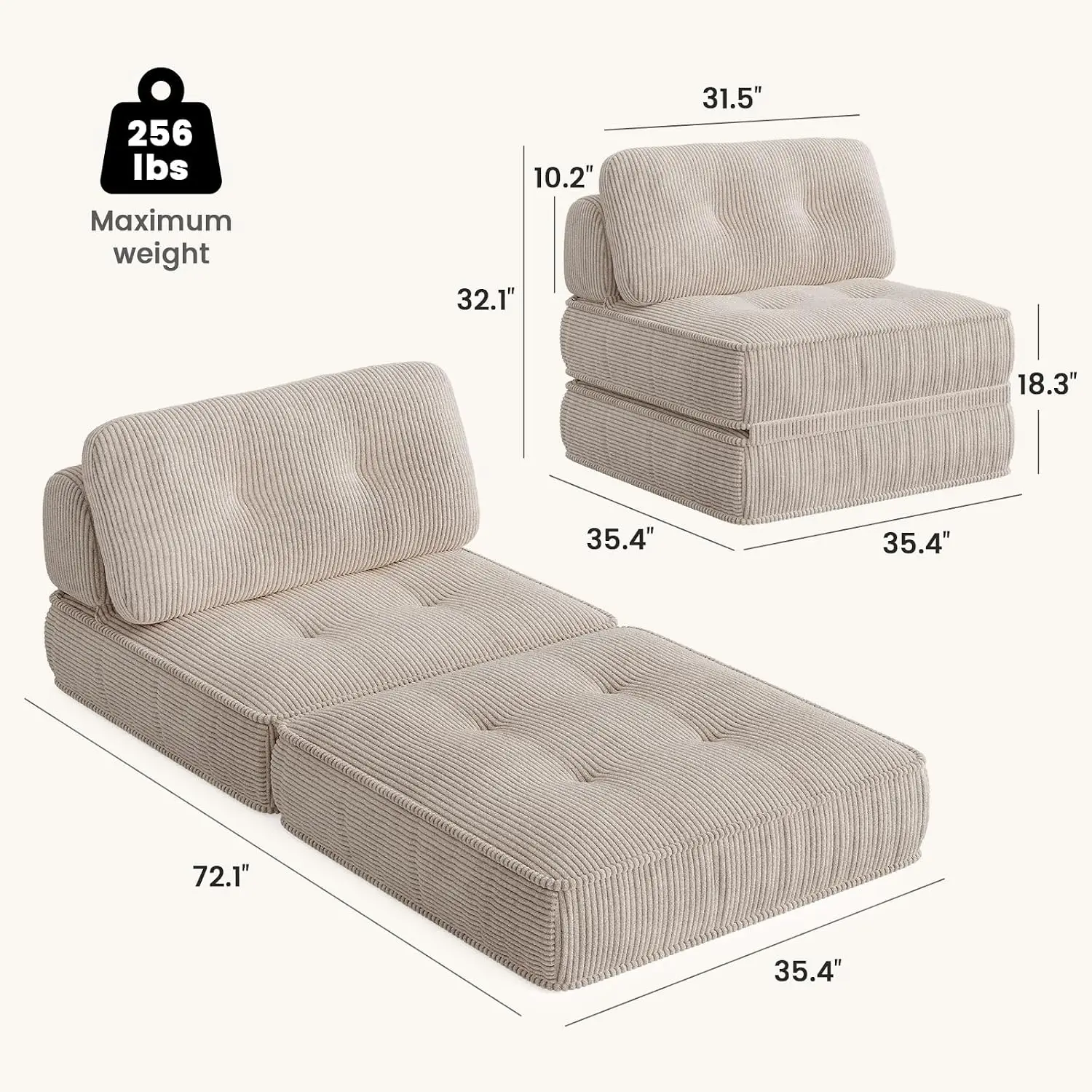 Boneless Folding Sofa Bed, Convertible Floor Couch with Headrest & Lumbar Pillow, Corduroy Chair Bed Memory Foam, Customized