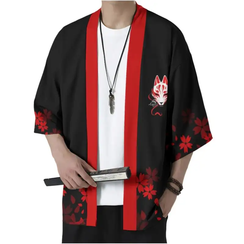Summer Japanese Fox Mask Flower Print Kimono Black Red Casual 7 Sleeve Haori Yukata Traditional Streetwear Lightweight Coat