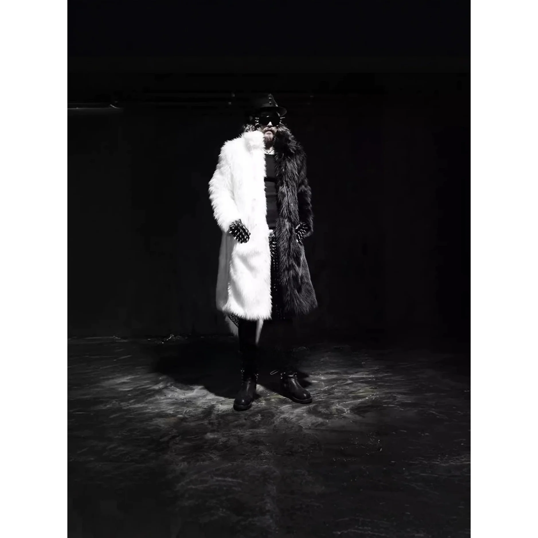 Men's Long Coat Fur Collar Patchwork Outerwear Mid-Length Black White Splicing Long Hair Jacket Stylish Winter Outerwear