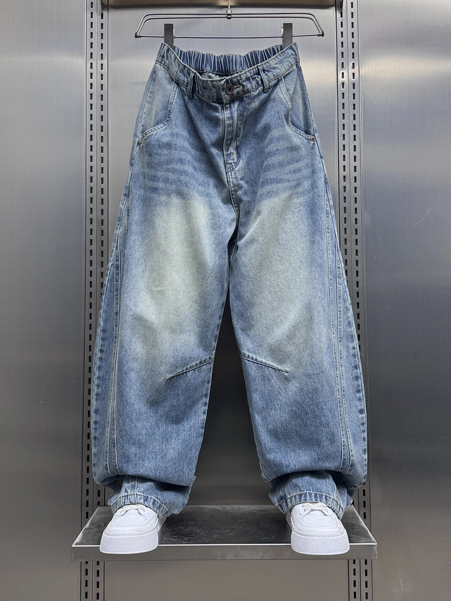 

Retro American Waed Patchwork Button Denim Pants Men Loose Wide Leg Straight Casual Trousers Spring 2026 Faion Trend