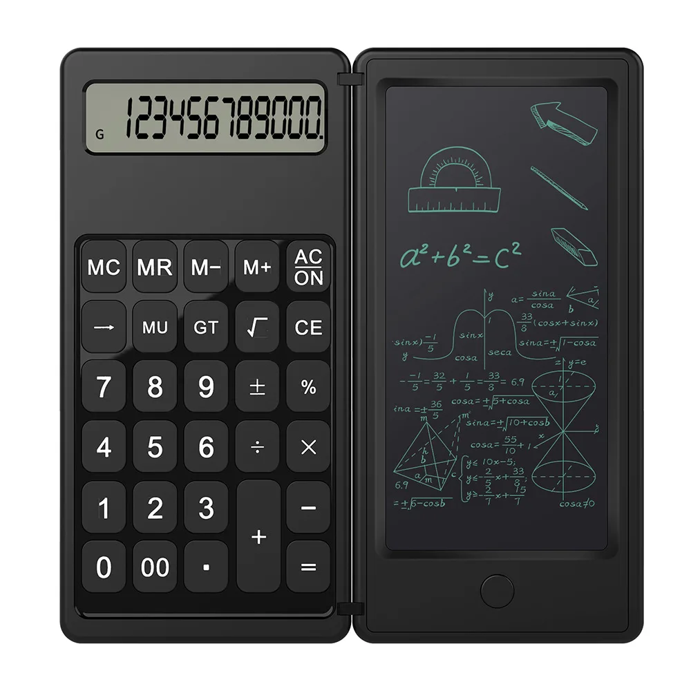 2 in 1 Foldable Scientific Calculators 12 Digits LCD Display With 6 Inch Writing Tablet Support Stylus Pen Erase Button Lock