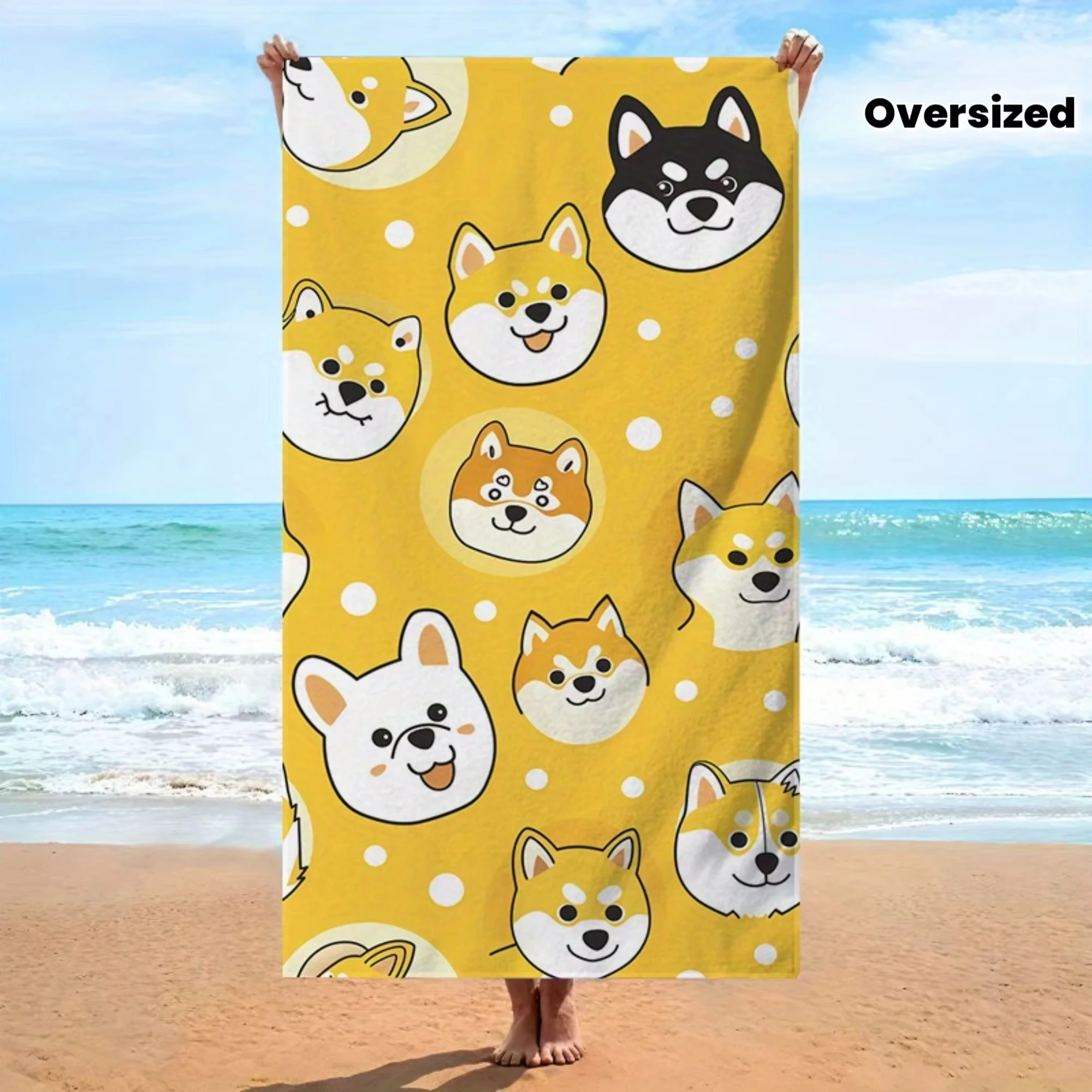 Yellow White Polka Dot Shiba Inu Face Print Oversized Beach Towel Soft Microfiber Cute Cartoon Style Daily Use