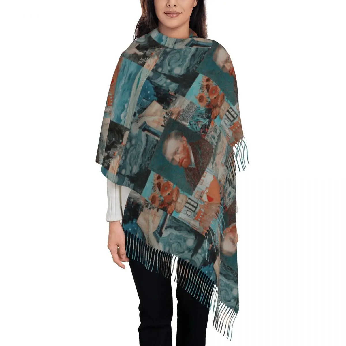 Vincent Van Gogh Paintings Art Collage Scarf Tassel Scarves Women Soft Warm Shawls and Wraps Long Fall Winter Shawl Wrap