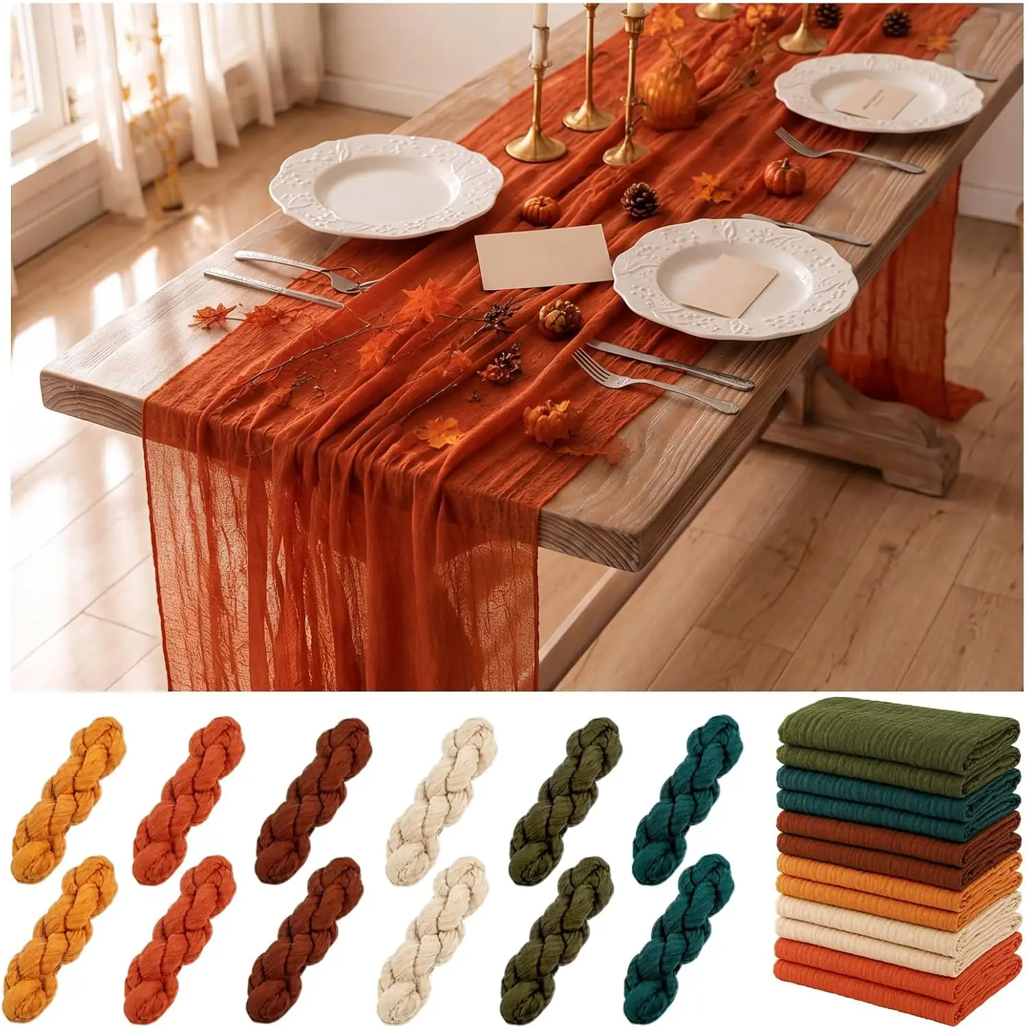 6pcs Fall Thanksgiving Cheesecloth Table Runner Autumn Table Runner Tablecloth for Baby Bridal Shower Party Home Centerpiece