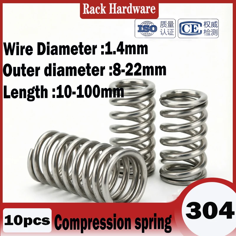 10Pcs 304 Stainless Steel Compression Return Spring, Wire Dia 1.4mm, OD 8-22mm Assorted Sizes stainless steel coil springs