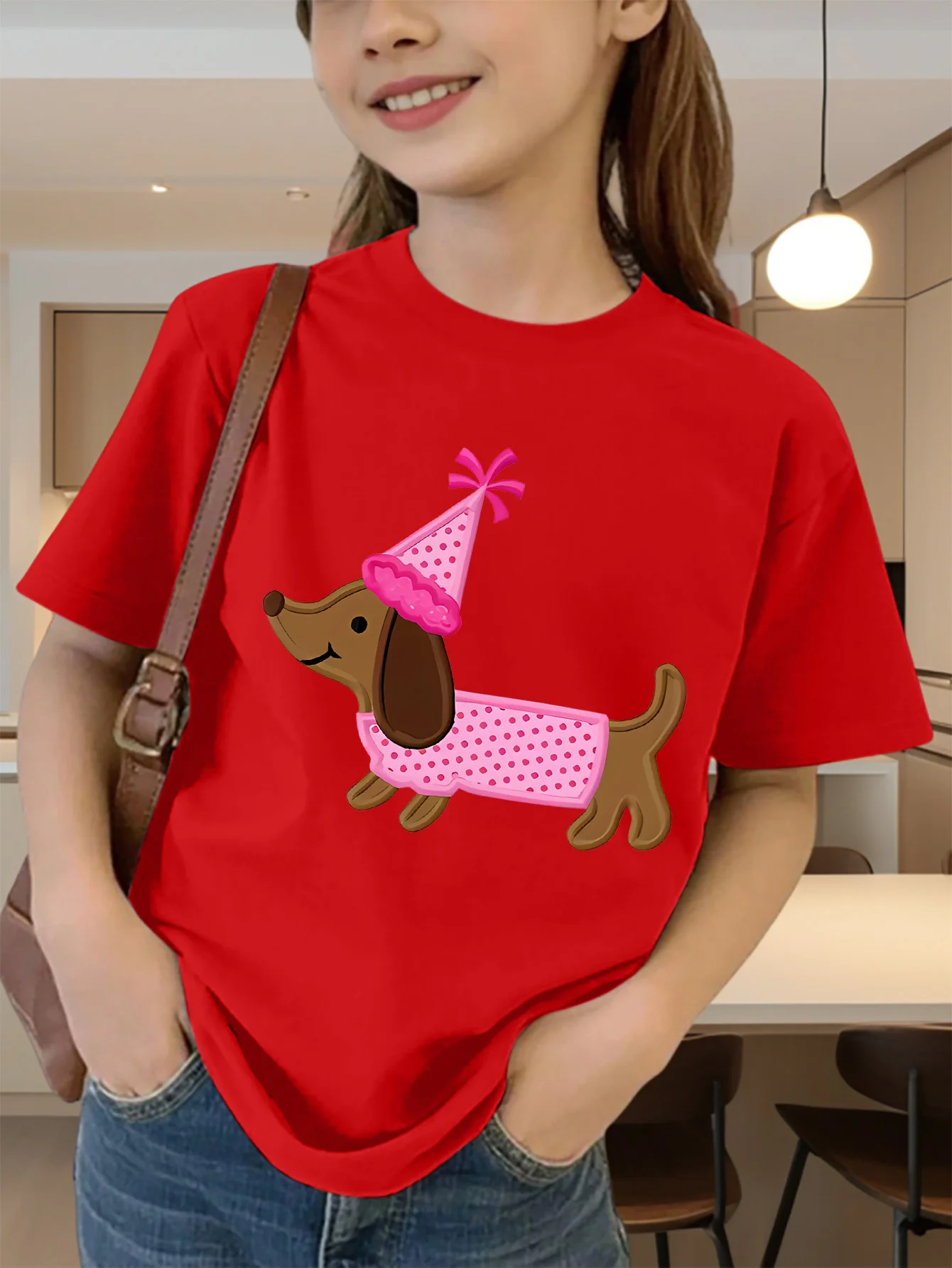 Party Hat Dachshund Cartoon Print Boys Girls T Shirt Lovely Puppy Kids Tee Parent Child Matching Casual Summer Family Daily Tops