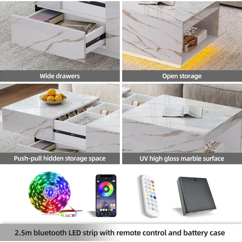LED Coffee Table, 43" UV High Gloss Modern Center Table with 2 Drawers & Hidden Storage Compartment & Open Compartments, Extenda