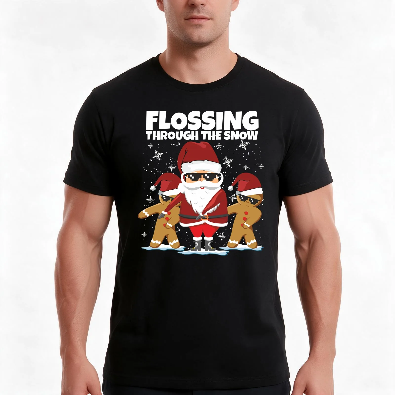 Flossing Through The Snow With Santa Gingerbread Dancing Cookies Funny Christmas Gift T-Shirt, Summer Casual Cotton Tee