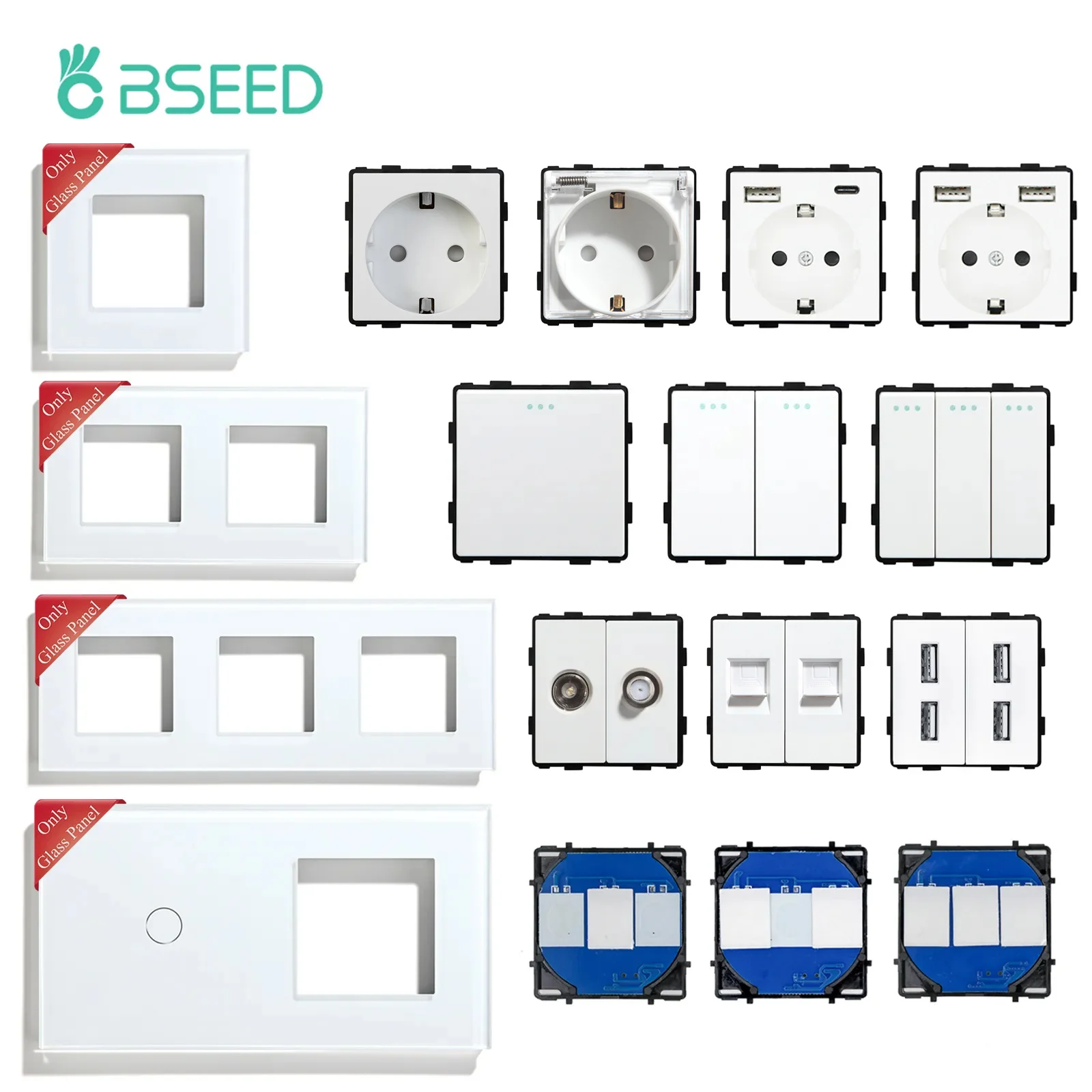 BSEED mechaniczne przełączniki przyciskowe szklane panele ramki do przełączników światła ue wtyczka ścienna CAT5/6 TV satelitarne gniazda USB DIY części