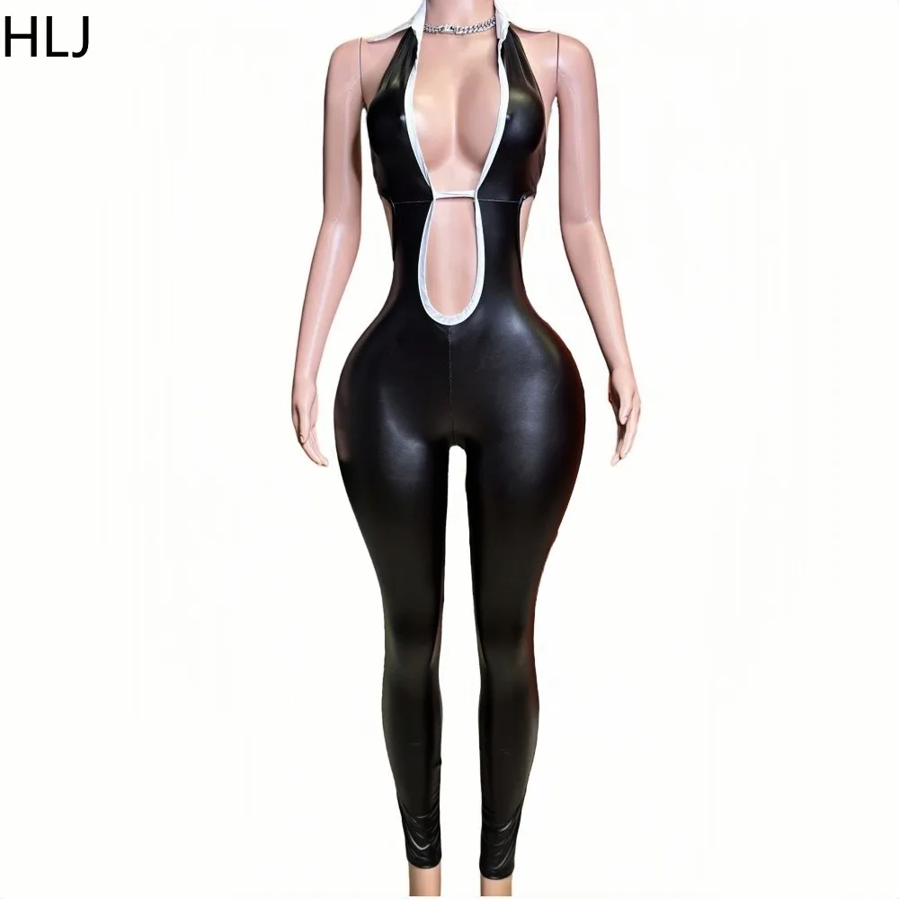 HLJ Black Sexy Hollow Bodycon Out Leather One Pieces Jumpsuits Women Halter Elasticity Slim Playsuits Fashion Bandage Overalls