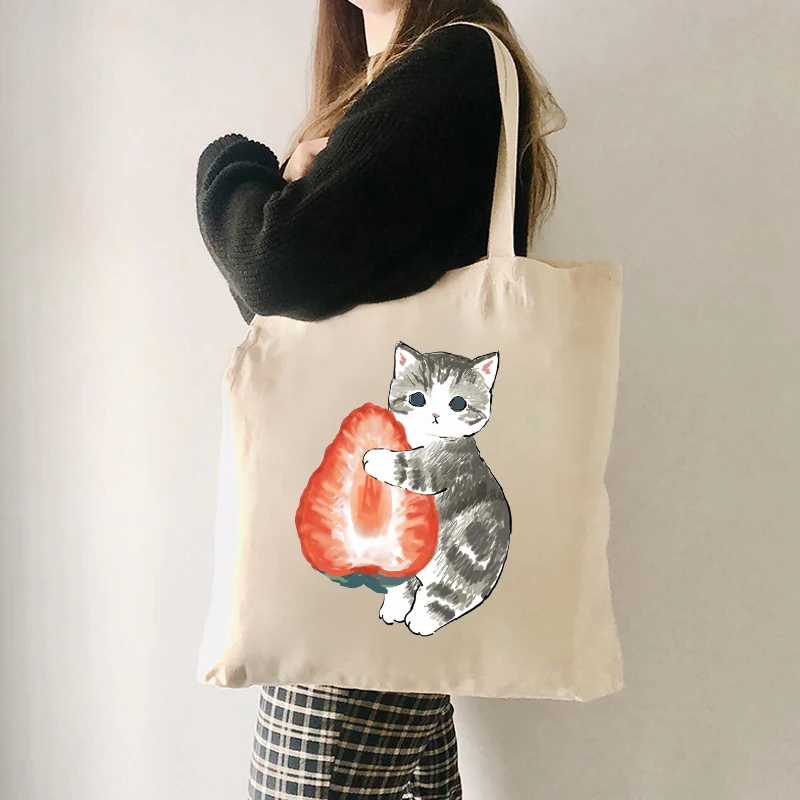 Cute Strawberry Cat Cartoon Tote Bag Daily Commute Canvas Shoulder Bags Trendy Handbag Folding Pretty Girls Clutch Gift for Her