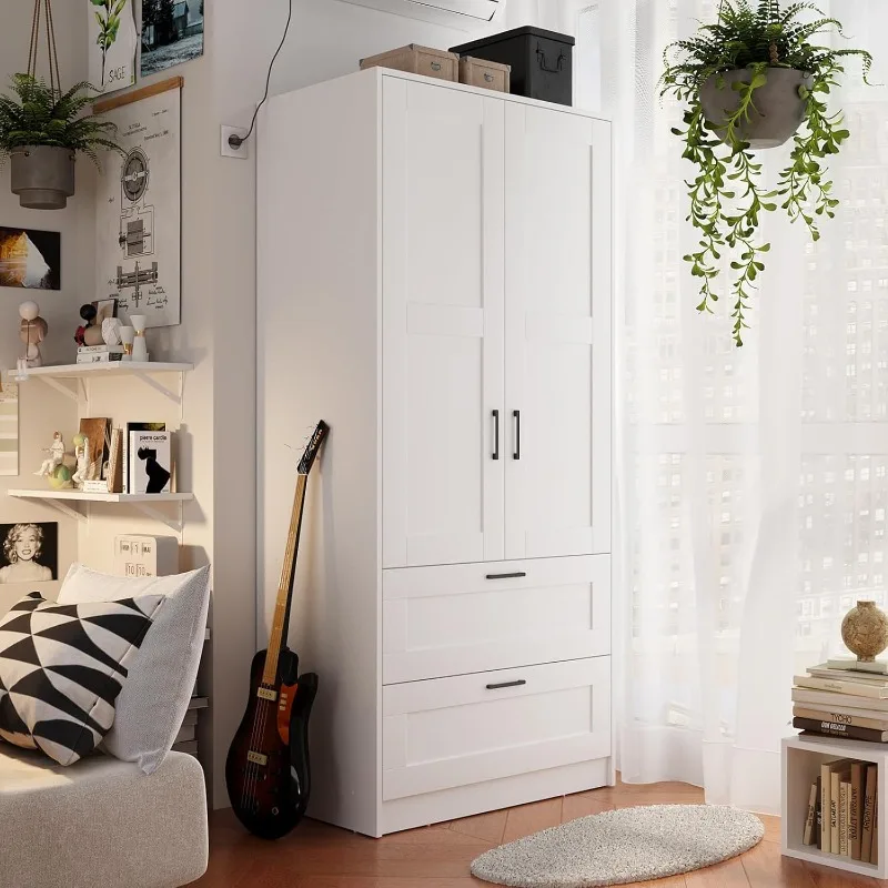 

Wood White Wardrobe Closet with 2 Doors and 2 Drawers，Bedroom Freestanding Armoire Storage Cabinet with Shelves，Wooden Wardrobe