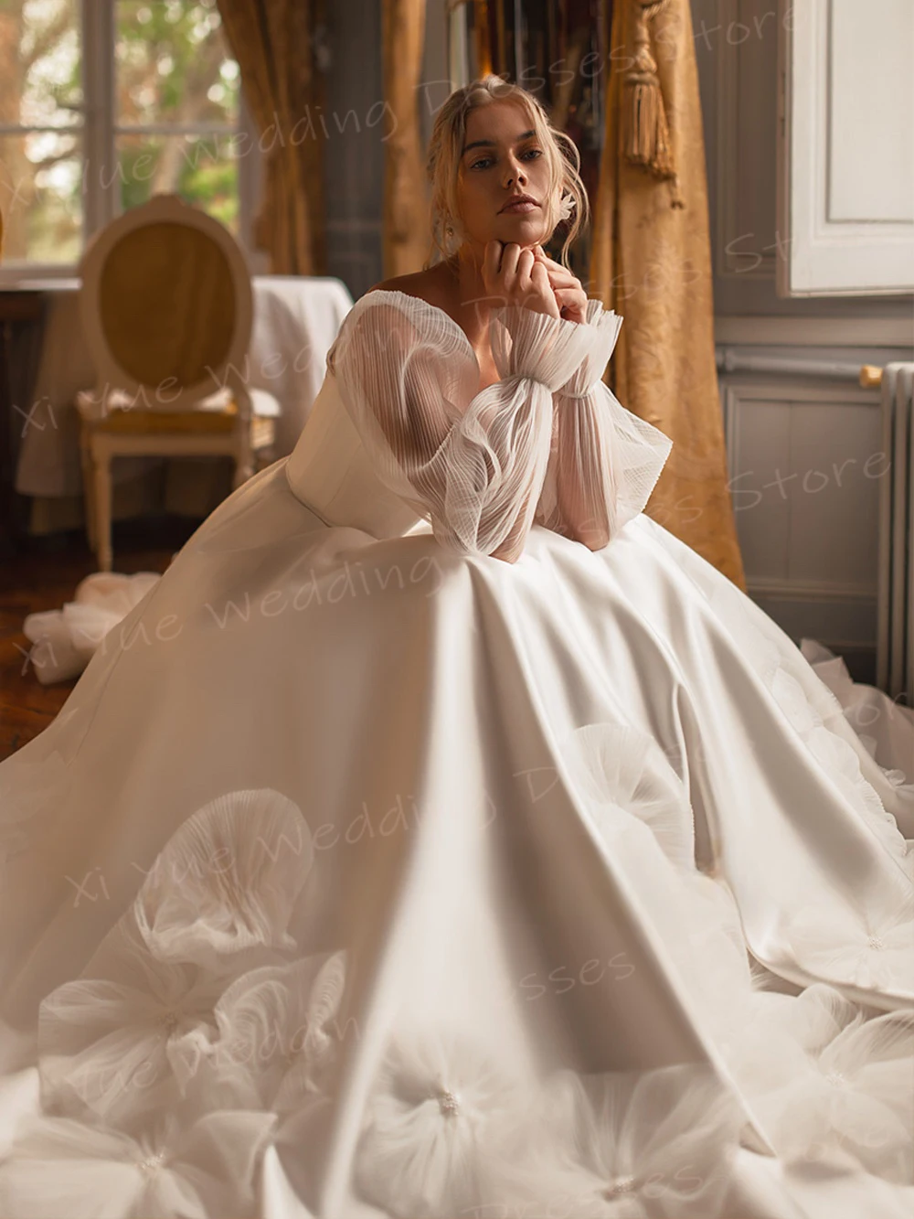 Vestidos de noiva de princesa para mulheres, querida 3D flores, manga longa, vestidos de noiva sem costas, Boda moderno