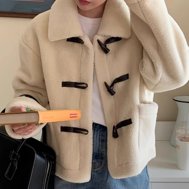 Gagarich Korean Chic Winter Cute Collar Bull Horn Buckle Loose Double Pocket Versatile Long Sleeve Lambhair Coat Women