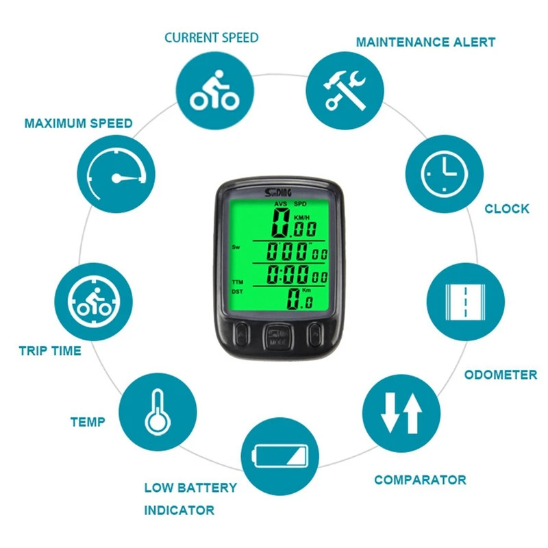 Sunding SD 563B Waterproof LCD Display Cycling Bike Bicycle Computer Odometer Speedometer With Green Backlight