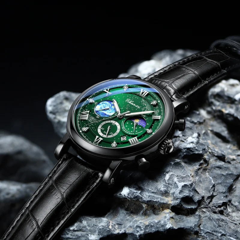 CHENXI 972 Men\'s Quartz Watch Luminous Moon Phase Chronograph Calendar Waterproof Leather Strap Luxury Business Watches