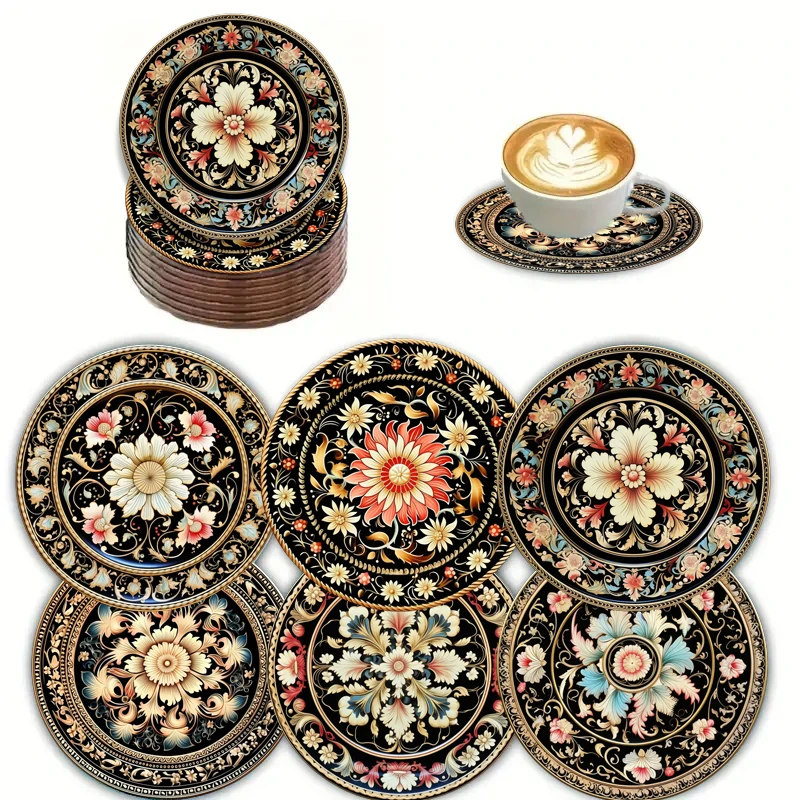 6 Sets Holzuntersetzer mit Blumenmuster und Kunstmalerei, Rutschfest, Geeignet zur Dekoration von Wohnzimmer und Küche