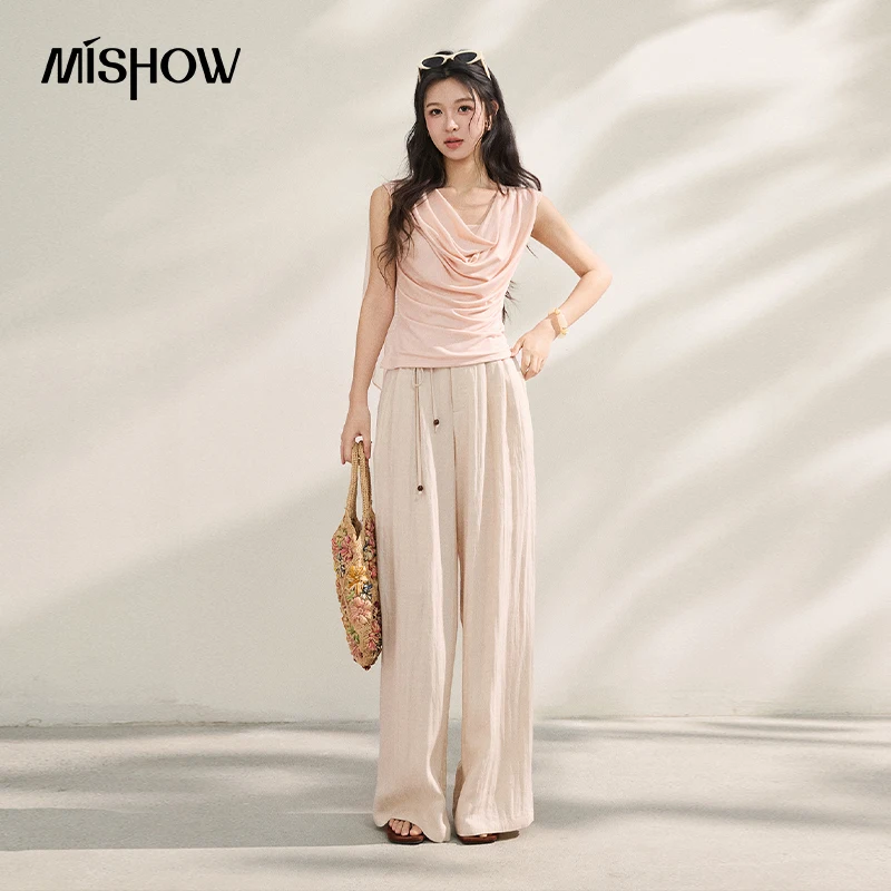 MISHOW Women High Waist Drawstring Wide Leg Pants 2026 Summer New Loose Drape Slim Floor Length Long Trousers MXF15K1239