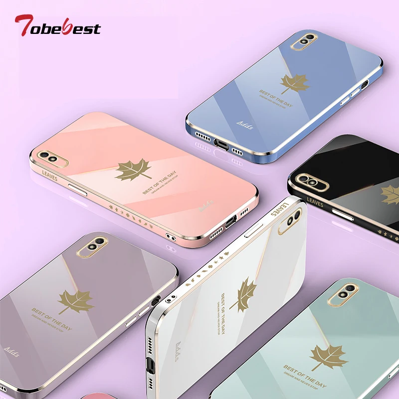 Fashion Square Maple Leaf Plating Silicone Case on For Xiaomi Redmi 9 9A 9C Coque Ultra-thin Soft Back Cover