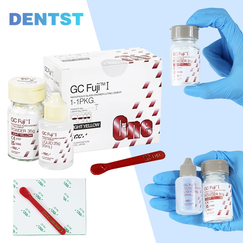 Cemento de Ionómero de Vidrio GC Fuji I, 35g de Polvo, 25g de Líquido, Radiopaco, Amarillo Claro, Cemento de Fijación para Coronas y Puentes Permanentes
