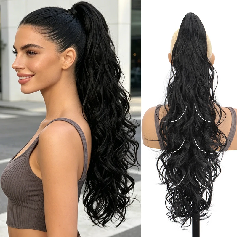 

Synthetic 26Inch Long Curly Wavy Hair Extension Elegant Layered Ponytail Black Brown Grey Fluffy Hairpiece for Women