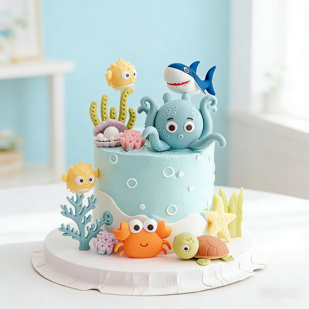 Decoración para Pastel de Océano, Mundo Marino, Pulpo, Tiburón, Ballena, Algas Marinas, Cangrejo, para Fiestas de Cumpleaños Infantiles, Baby Shower