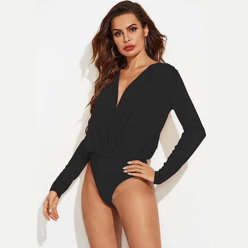 

Women's Sexy Lingerie Jumpsuit Long Sleeve Deep V Neck Jumpsuits High Cut Leg Bodysuit Ruched Detail Romper Underwear For Woman