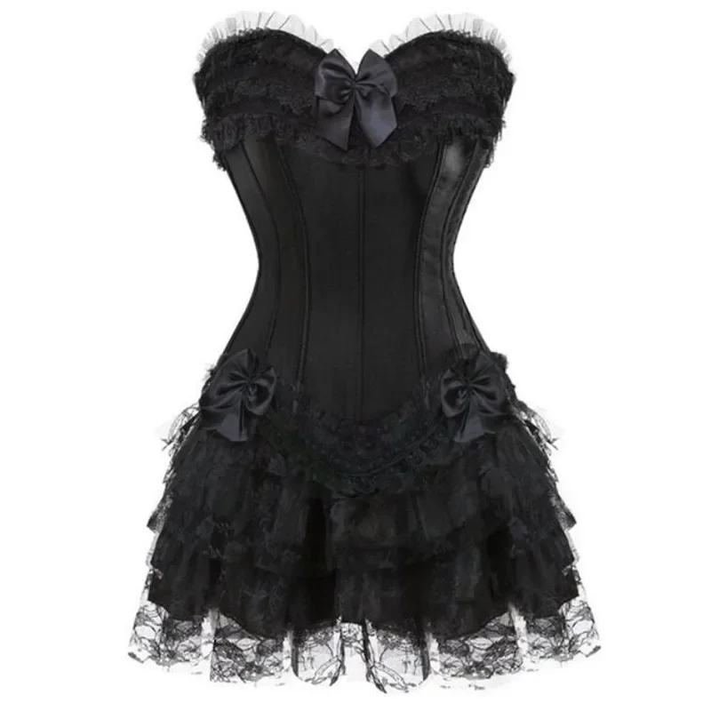 Corset Dress Top With Lace Tutu Skrits Set Overbust Burlesque Costume Party Sexy Ladies Outfit Plus Size Gothic Halloween