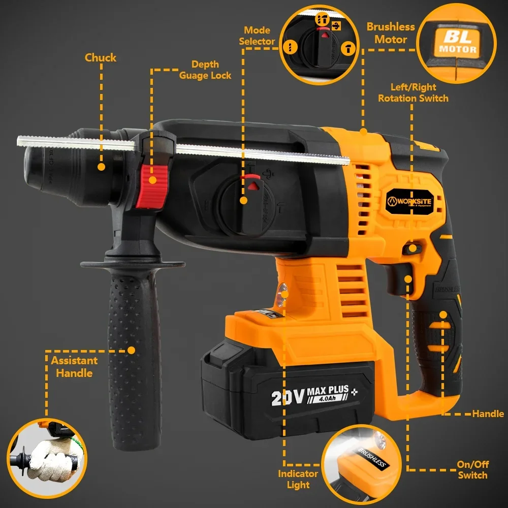 WORKSITE SDS Plus Brushless Rotary Hammer Professional Rotary Hammer Drill Tools 4.0Ah Battery 20V Cordless Rotary Hammer