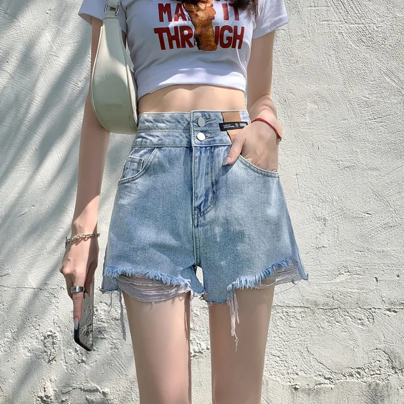 Korean Design Sense Denim Shorts with Rough Selvedge. Women's New Summer Fashion Casual High Waist Straight-leg Denim Hot Pants
