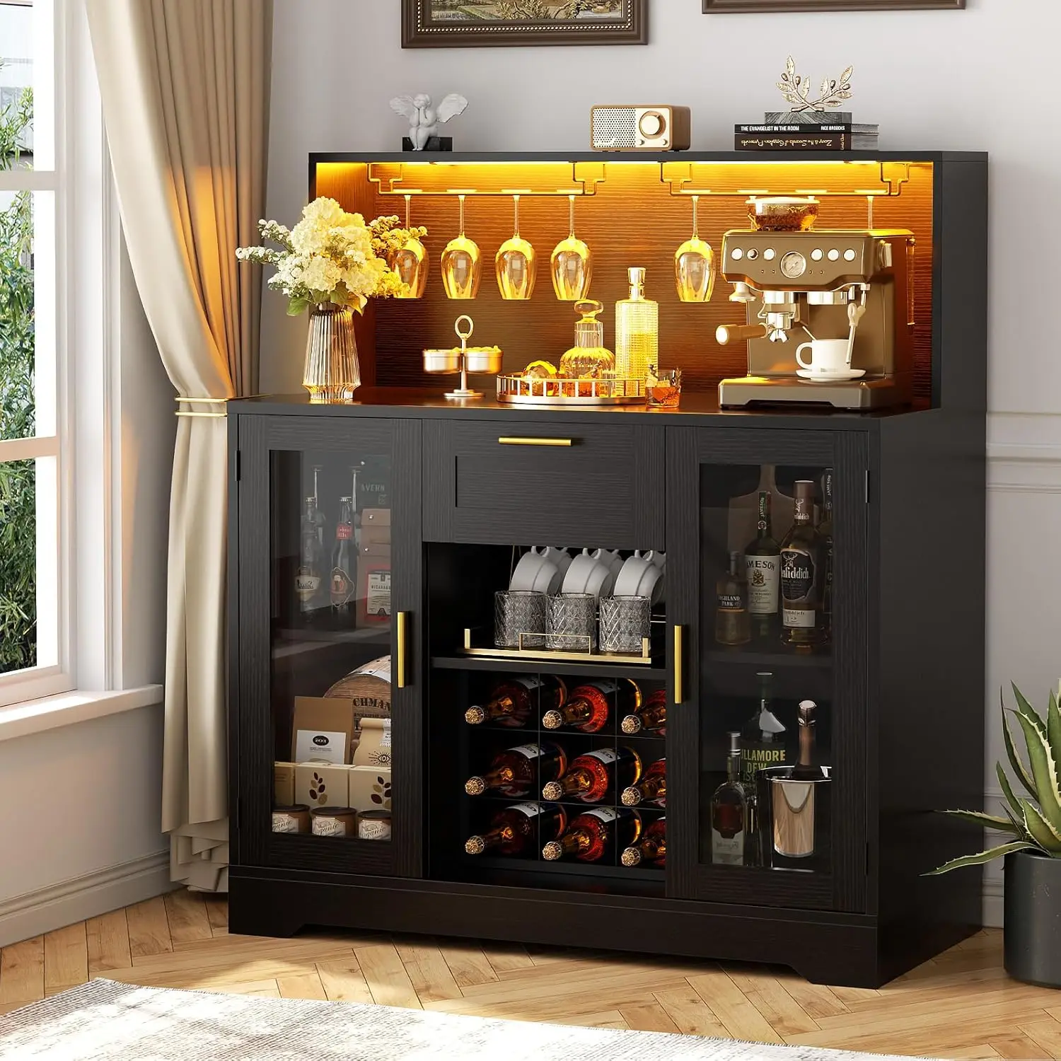 Black Wine Bar Cabinet with LED Light, Wine Rack & Glass Holder, Drawer & Storage Shelves for Kitchen, Customized