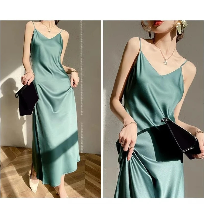 Vintage Satynowa Sukienka Damska Letnia Seksowna Spaghetti Strap Długa Impreza Maxi Sukienki Midi Robe Odzież Damska