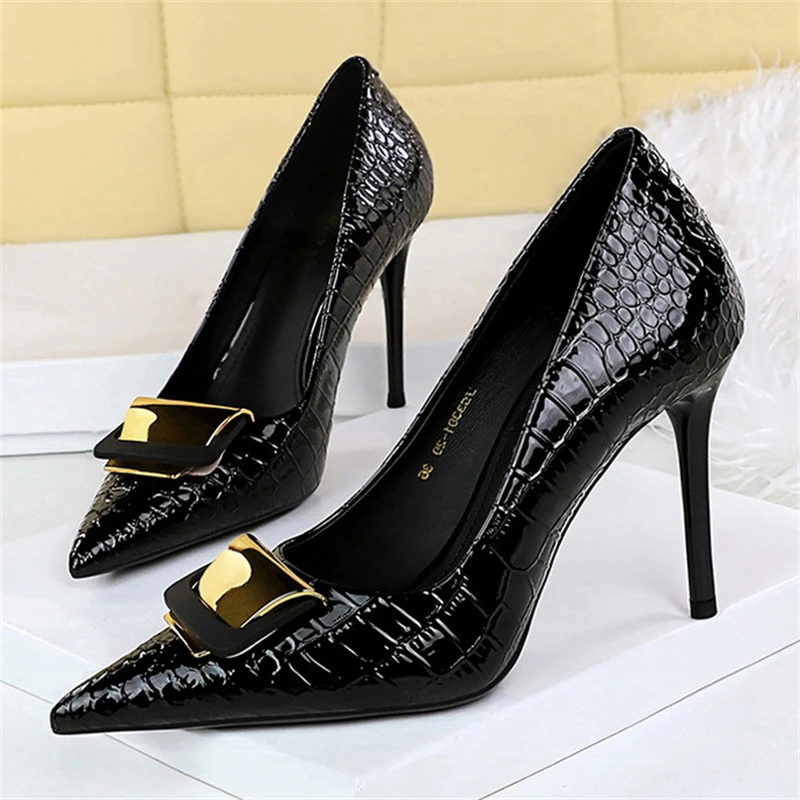 BIGTREE Metal Buckle Serpentine Patent Leather Women Pumps Stilettos High Heels Pointed Toe Party Shoes Zapatos Mujer