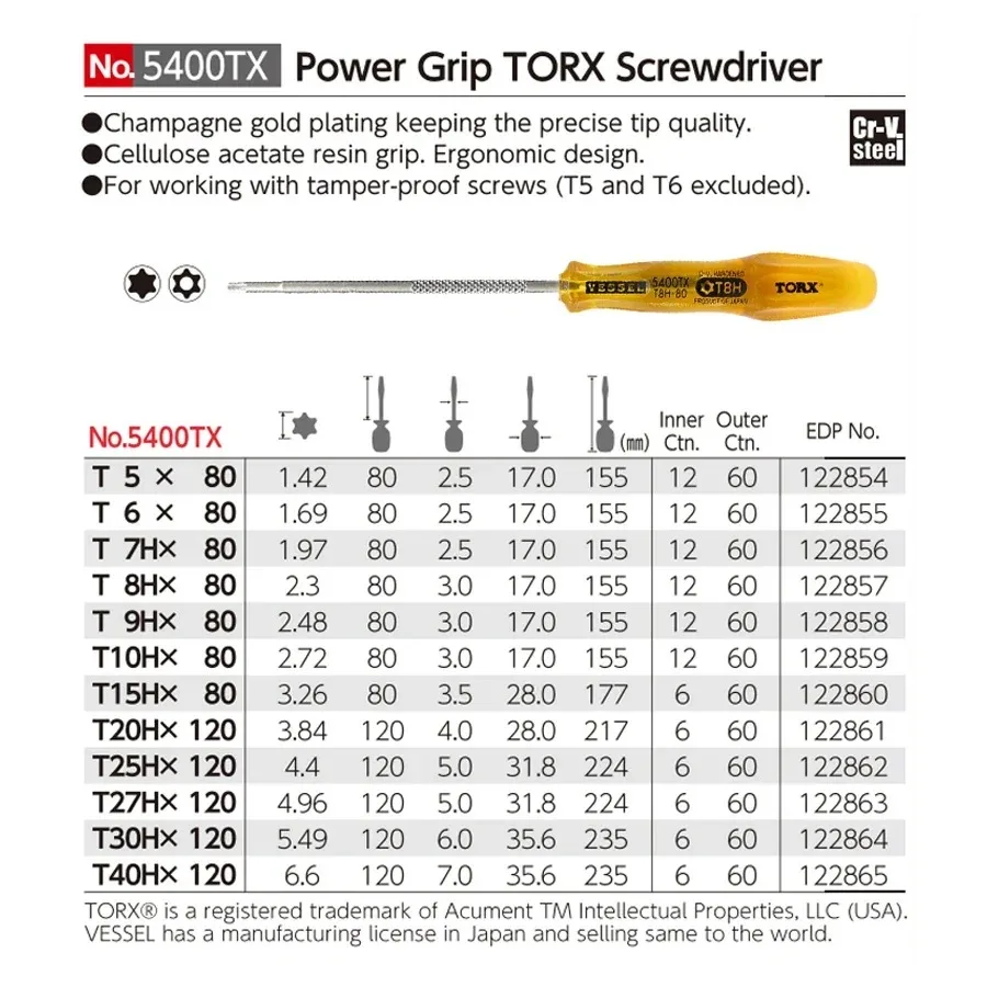 VESSEL 5400TX Series Power Grip TORX Screwdriver - Hex Socket for Tamper-Proof Screws Japan-Made