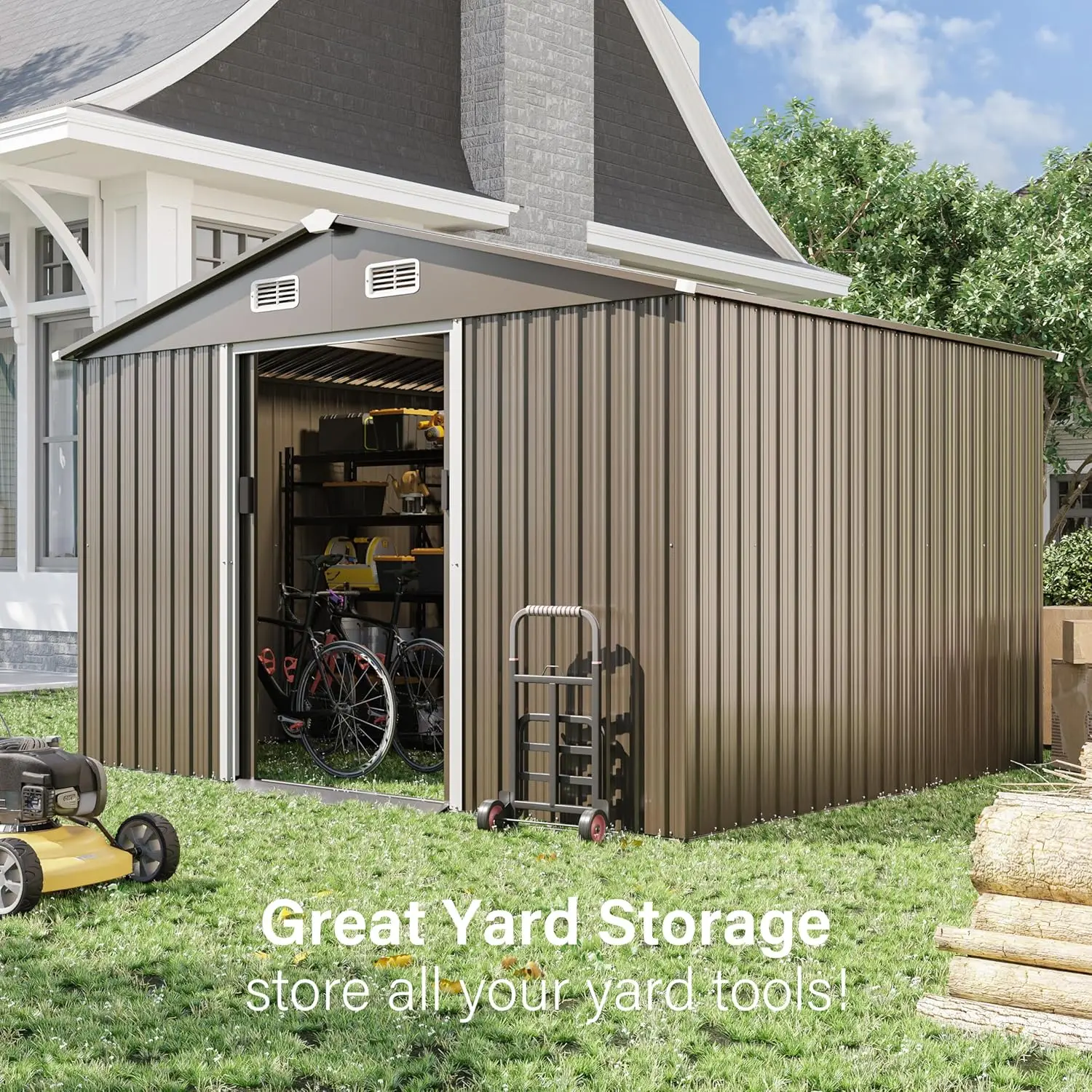 Waterproof, Lockable Door Metal Tool Shed with Sliding Door and Air Vents, Storage House for Gardening Tools