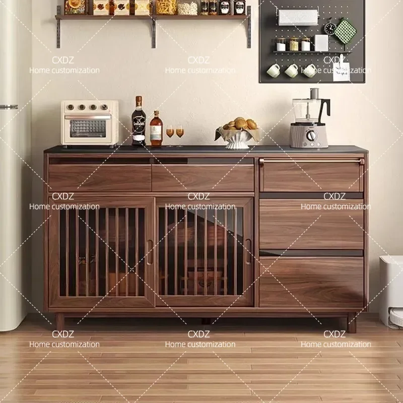 Modern Black Walnut Side Cabinet High Storage Unit Simple Multi Functional Wine Cabinet Integrated Wall Mounted Restaurant