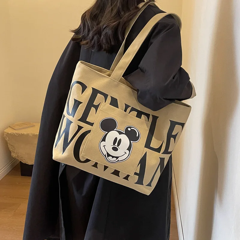 Disney Large Capacity Canvas Bag Women\'s 2024 New Trendy Cartoon Mickey Tote Bag College Student Class Shoulder Tote Bag