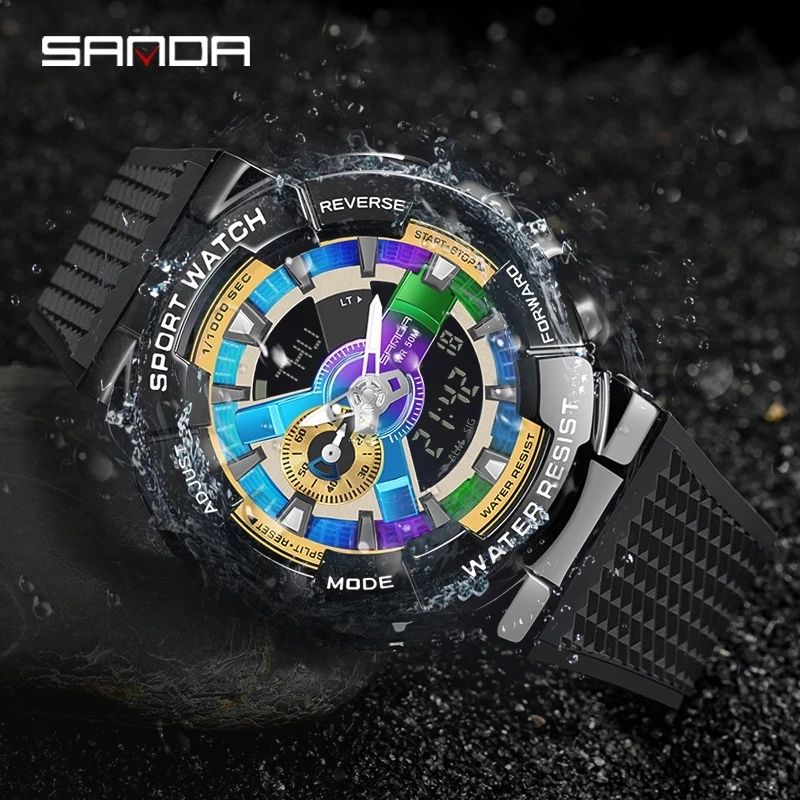 Sanda-reloj Digital deportivo para hombre, cronógrafo de pulsera de lujo, estilo G, resistente al agua, militar, a prueba de golpes, Color mágico, 9004