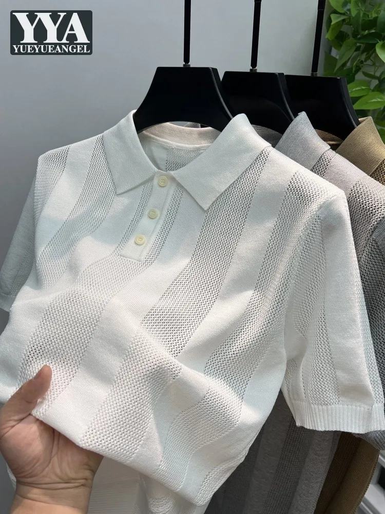 

Male Summer Turn Down Collar Hollowed Out Knitted T-Shirt Short Sleeveless Business Casual Pullover Tees Top Slim Fit T-Shirts