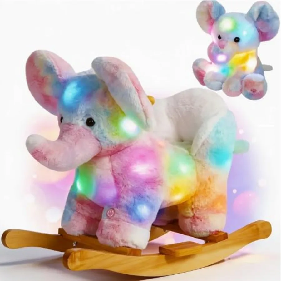 

Glow Guards Light up Musical Elephant Baby Rocking Horse, Rainbow Elephant Rocker Set of 2 with Stuffed Animal, Stuffed Plush R