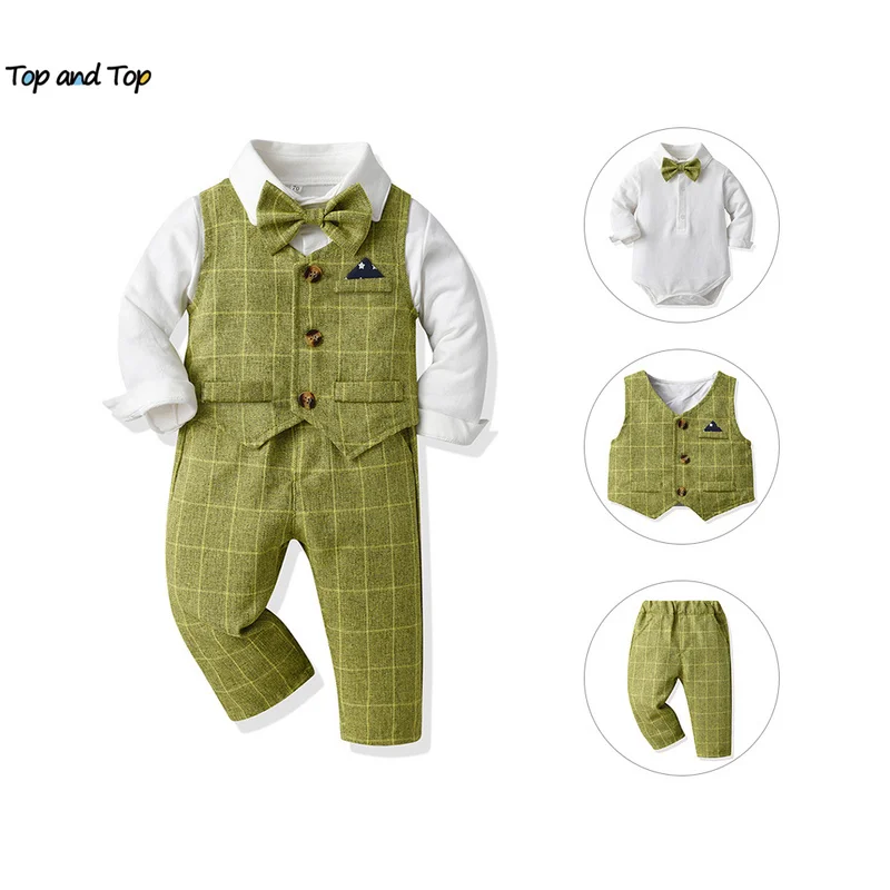 

top and top Infant Baby Boys Gentleman Clothing Sets White Bowtie Romper Shirts+Vest+Pants Boys Formal 3PCS Suits for Baptism